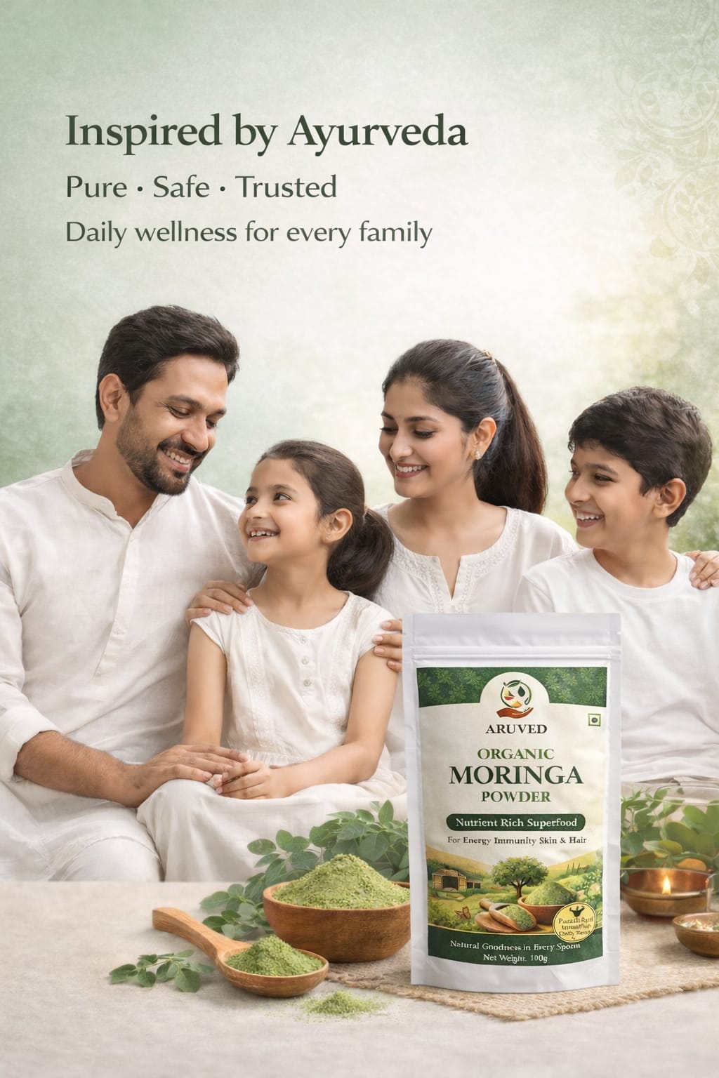 ARUVED Moringa Multivitamin & Antioxidant Powder Vitamins A, B1–B6, C, E & K Superfood | Plant-Based Nutrition for Daily Energy